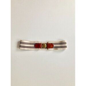 Vintage Brown Leather Beige Striped Stretch Canvas Brass Waist Belt, One Size
